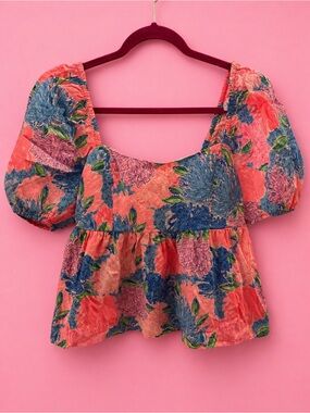 Lilly Pulitzer Coral and Blue Floral Puff-Sleeve Peplum Top